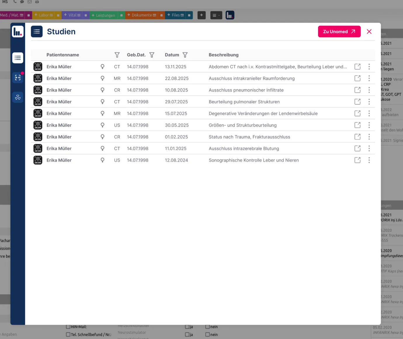 A patient's study list in Unomed: date, modality and report text on each row, open above the patient record.