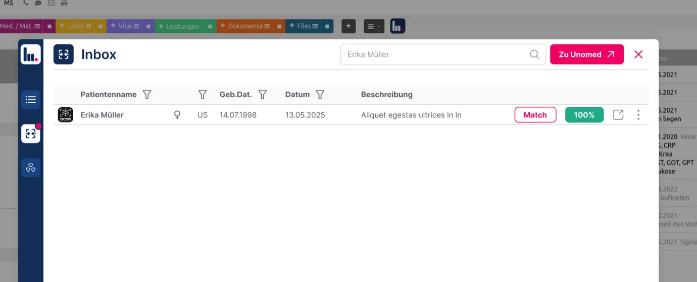 The PACS inbox above an open patient record: an incoming study with the patient's name, date of birth and report text, and next to it the button to assign it.