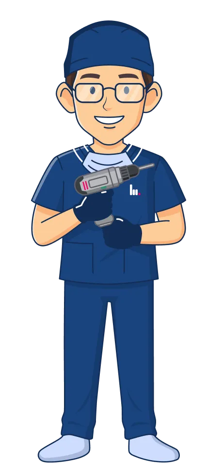 Illustration : un orthopédiste en tenue de bloc bleue tenant une perceuse chirurgicale.