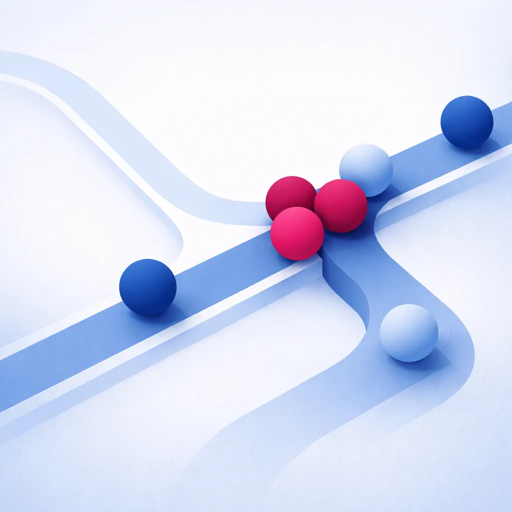 Abstract illustration: a straight stream of image data is crossed by a second, curved path, and three spheres pile up at the crossing.